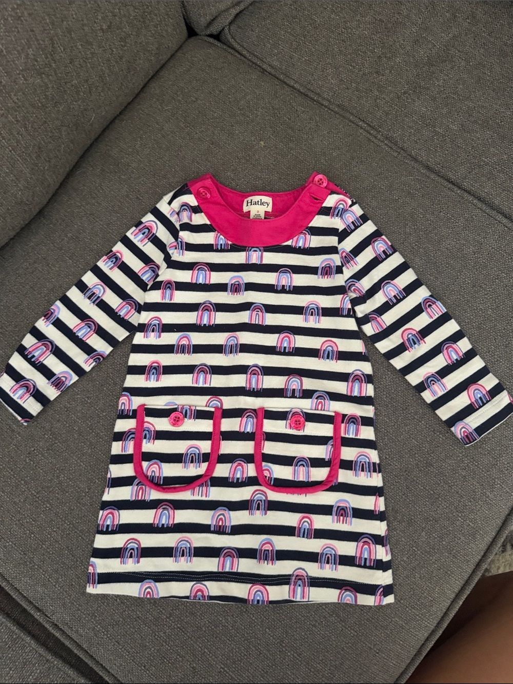 Hatley Navy & White Striped Dress with Pink Rainbow Accents